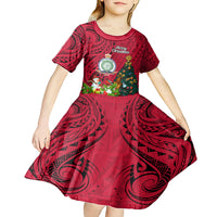 Personalised Niue Christmas Kid Short Sleeve Dress Coat of Arms and Polynesian Tattoo Xmas Element Christmas Red Vibe LT03 - Polynesian Pride
