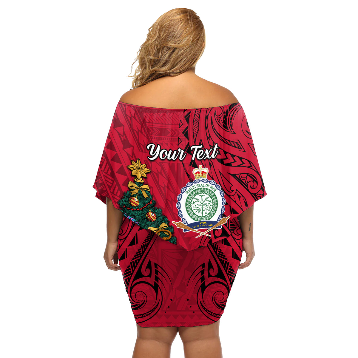 Personalised Niue Christmas Off Shoulder Short Dress Coat of Arms and Polynesian Tattoo Xmas Element Christmas Red Vibe LT03 - Polynesian Pride