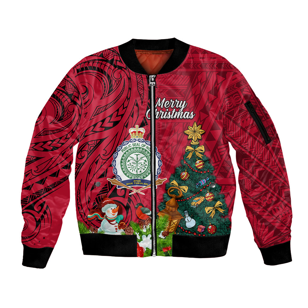 Personalised Niue Christmas Sleeve Zip Bomber Jacket Coat of Arms and Polynesian Tattoo Xmas Element Christmas Red Vibe LT03 Unisex Red - Polynesian Pride