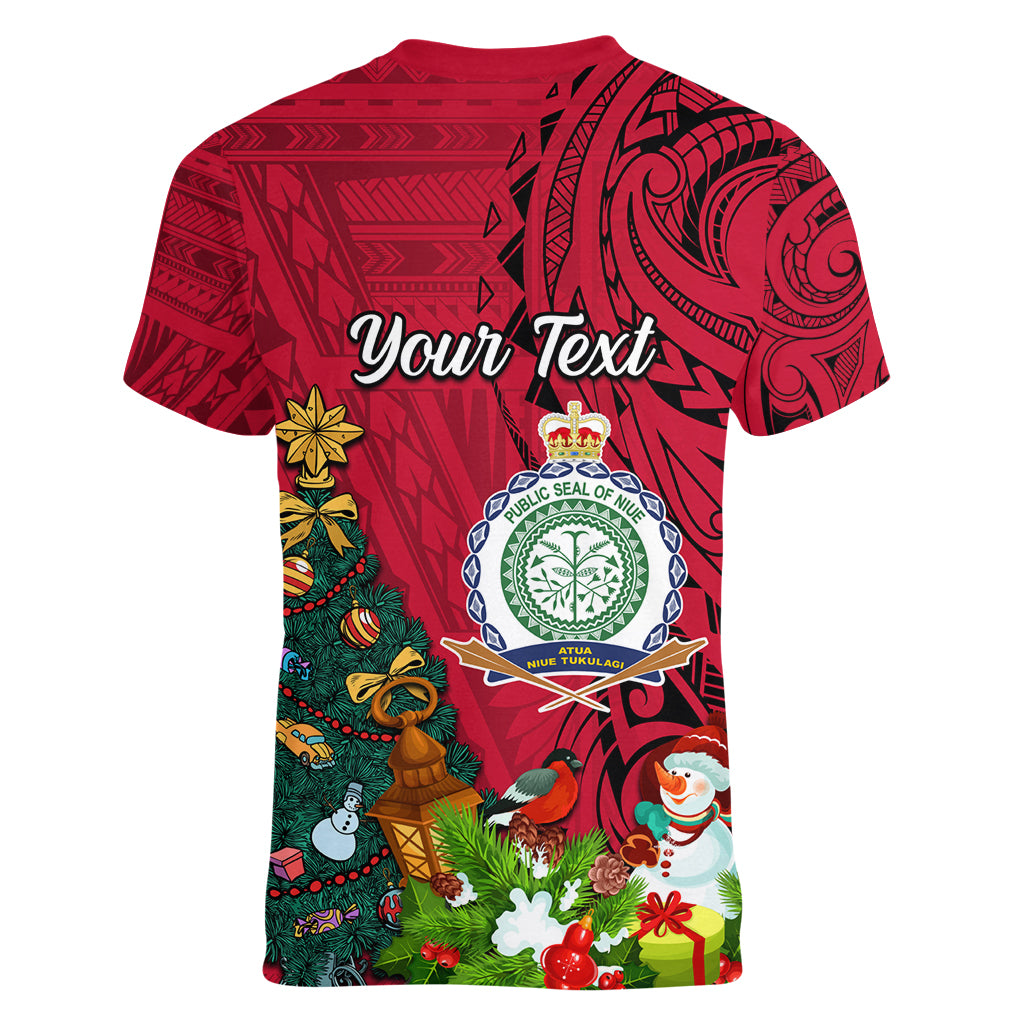 Personalised Niue Christmas Women V Neck T Shirt Coat of Arms and Polynesian Tattoo Xmas Element Christmas Red Vibe LT03 - Polynesian Pride