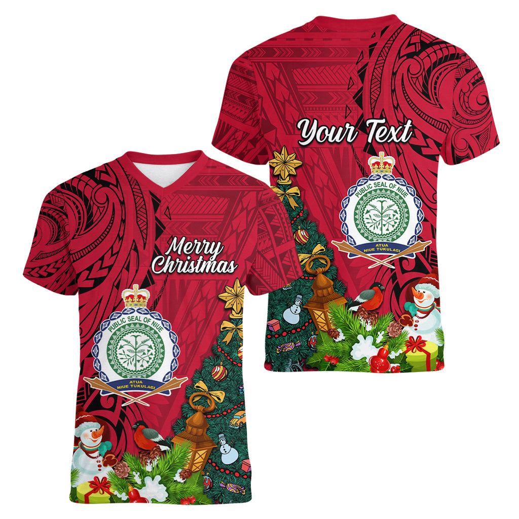 Personalised Niue Christmas Women V Neck T Shirt Coat of Arms and Polynesian Tattoo Xmas Element Christmas Red Vibe LT03 - Polynesian Pride
