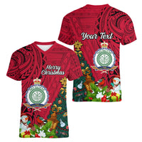 Personalised Niue Christmas Women V Neck T Shirt Coat of Arms and Polynesian Tattoo Xmas Element Christmas Red Vibe LT03 - Polynesian Pride