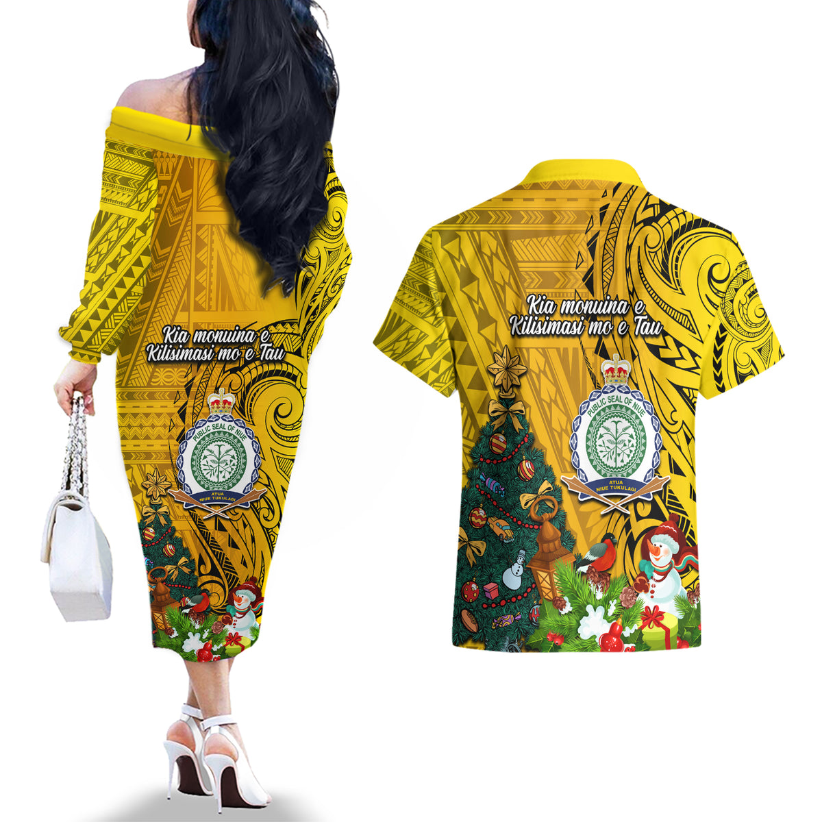 Niue Christmas Couples Matching Off The Shoulder Long Sleeve Dress and Hawaiian Shirt Coat of Arms and Polynesian Tattoo Xmas Element Christmas Yellow Vibe LT03 - Polynesian Pride