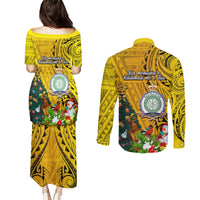 Niue Christmas Couples Matching Puletasi Dress and Long Sleeve Button Shirt Coat of Arms and Polynesian Tattoo Xmas Element Christmas Yellow Vibe LT03 - Polynesian Pride