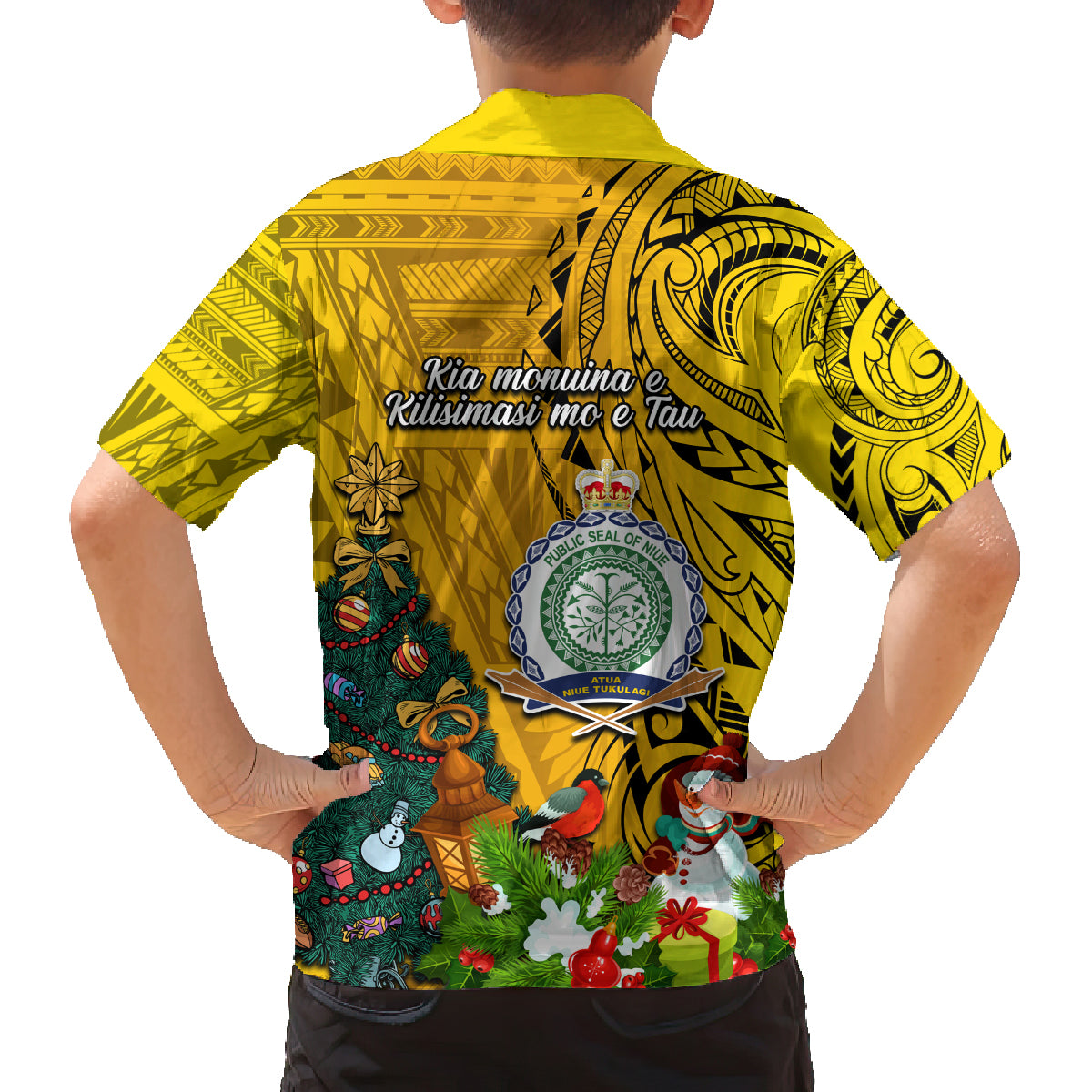 Niue Christmas Family Matching Long Sleeve Bodycon Dress and Hawaiian Shirt Coat of Arms and Polynesian Tattoo Xmas Element Christmas Yellow Vibe LT03 - Polynesian Pride