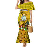 Niue Christmas Family Matching Mermaid Dress and Hawaiian Shirt Coat of Arms and Polynesian Tattoo Xmas Element Christmas Yellow Vibe LT03 Mom's Dress Yellow - Polynesian Pride