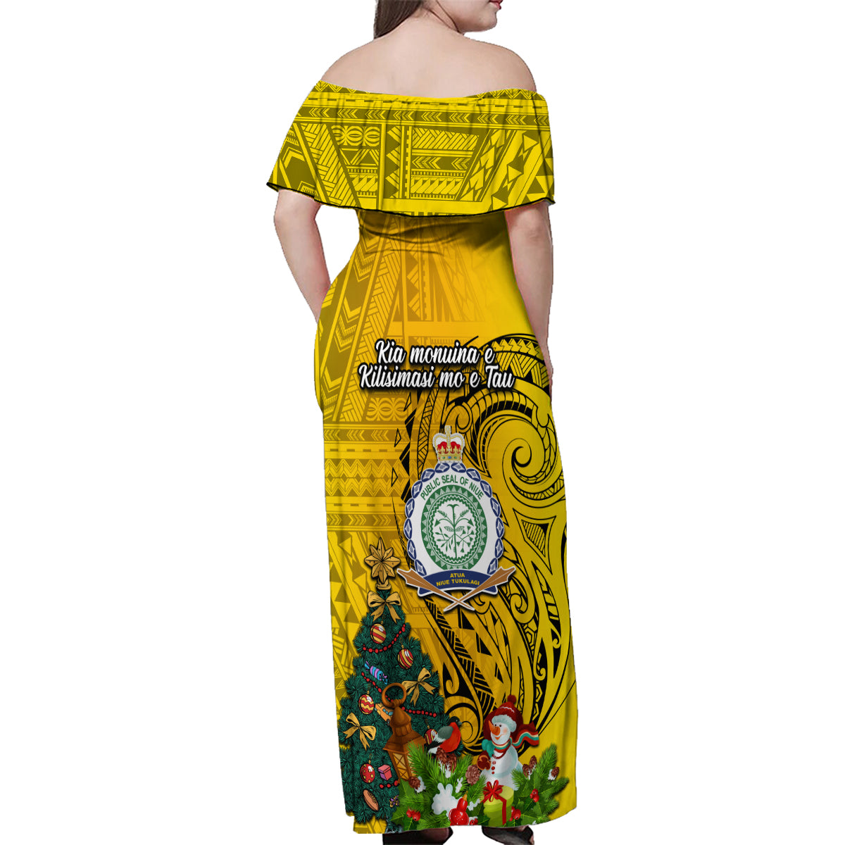 Niue Christmas Family Matching Off Shoulder Maxi Dress and Hawaiian Shirt Coat of Arms and Polynesian Tattoo Xmas Element Christmas Yellow Vibe LT03 - Polynesian Pride