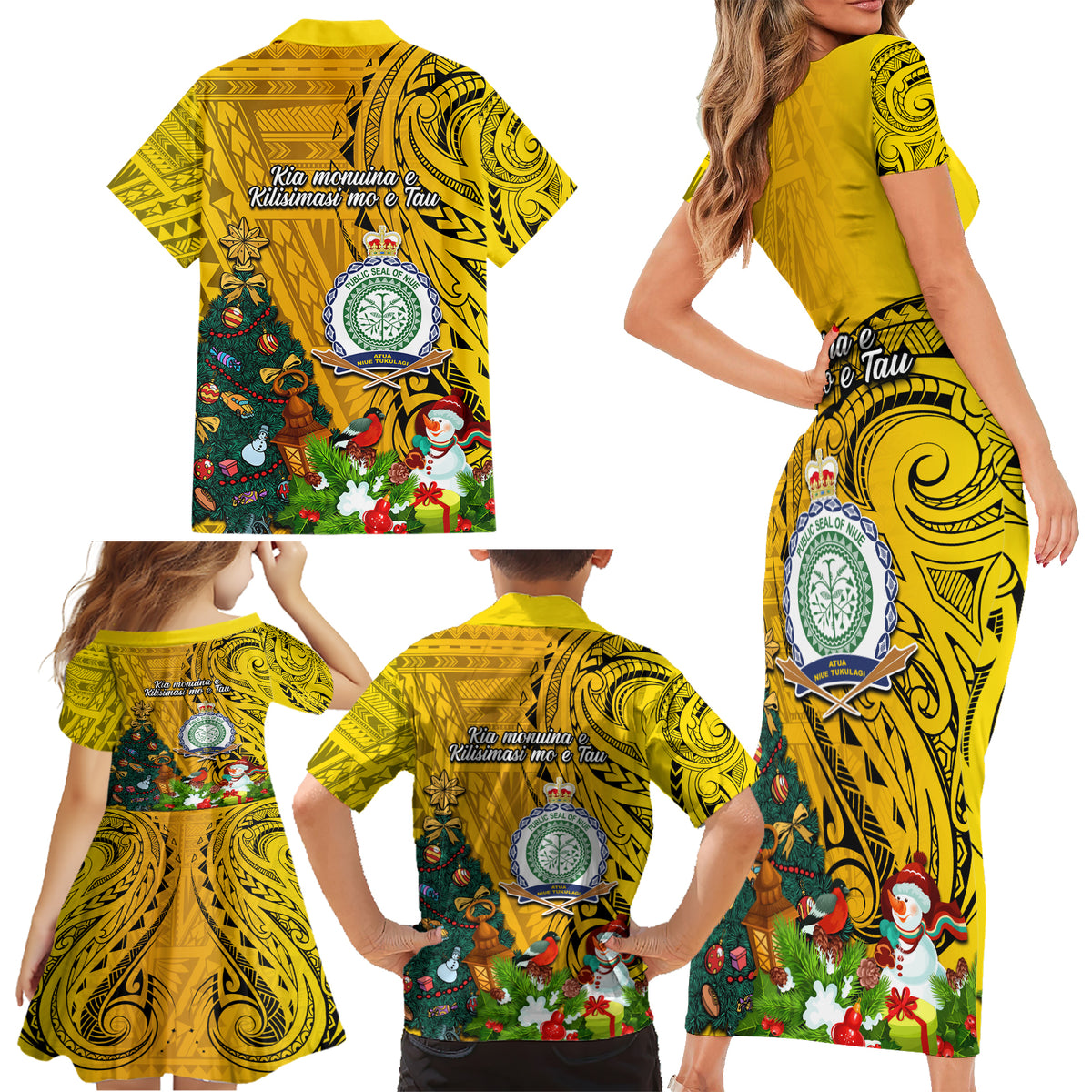 Niue Christmas Family Matching Short Sleeve Bodycon Dress and Hawaiian Shirt Coat of Arms and Polynesian Tattoo Xmas Element Christmas Yellow Vibe LT03 - Polynesian Pride