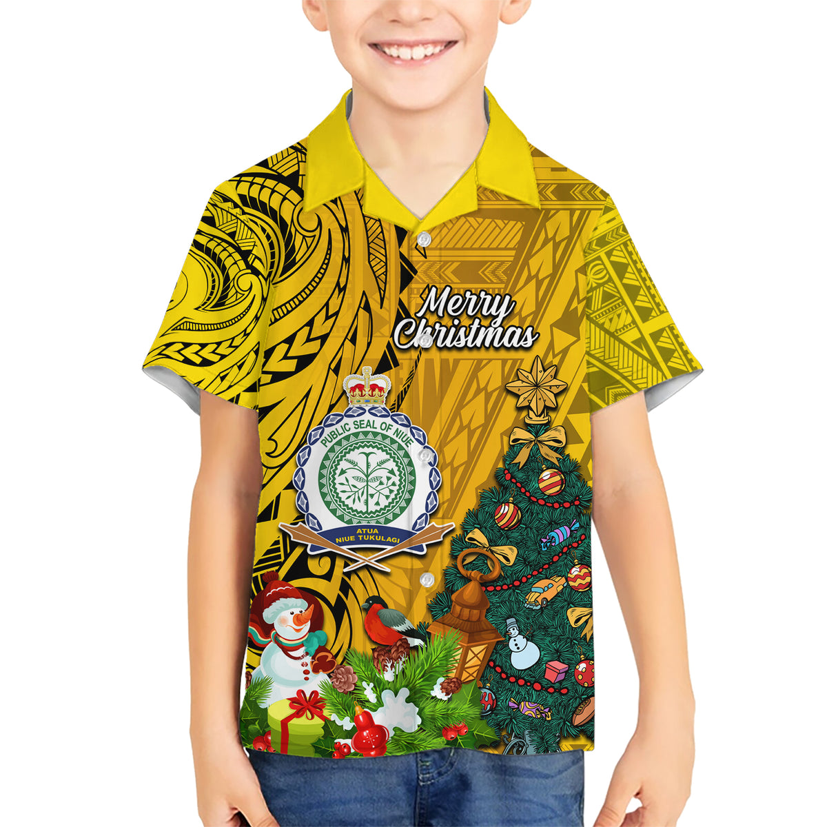 Niue Christmas Hawaiian Shirt Coat of Arms and Polynesian Tattoo Xmas Element Christmas Yellow Vibe LT03 - Polynesian Pride