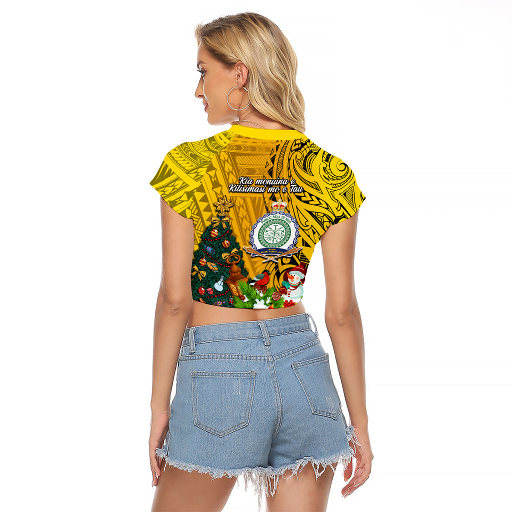 Niue Christmas Raglan Cropped T Shirt Coat of Arms and Polynesian Tattoo Xmas Element Christmas Yellow Vibe LT03 - Polynesian Pride