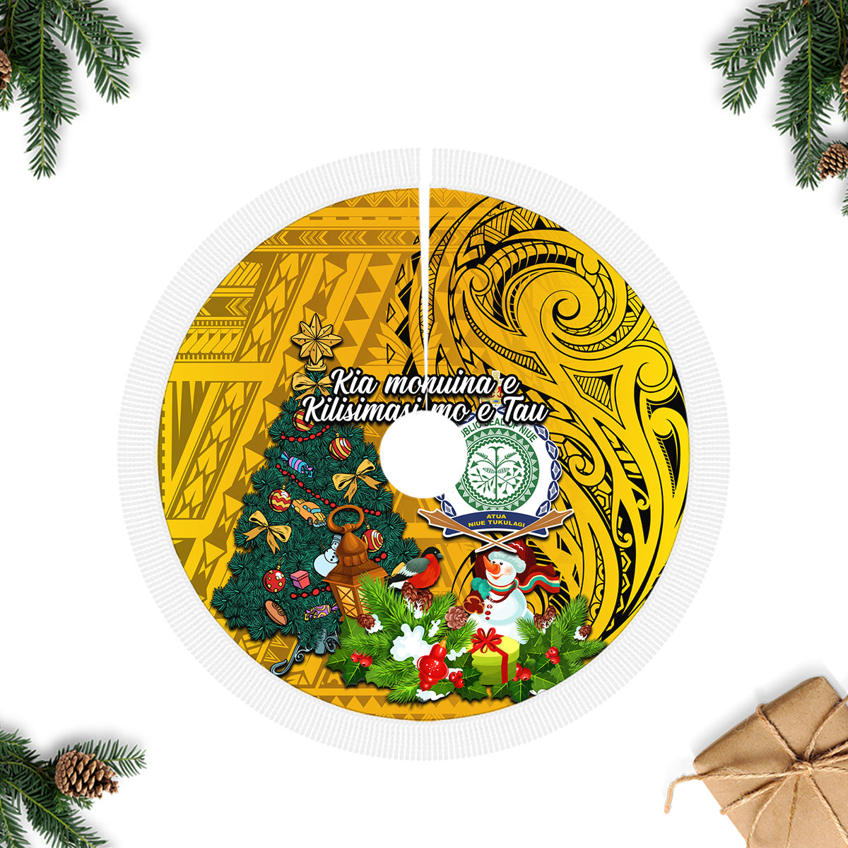 Niue Christmas Tree Skirt Coat of Arms and Polynesian Tattoo Xmas Element Christmas Yellow Vibe LT03 - Polynesian Pride