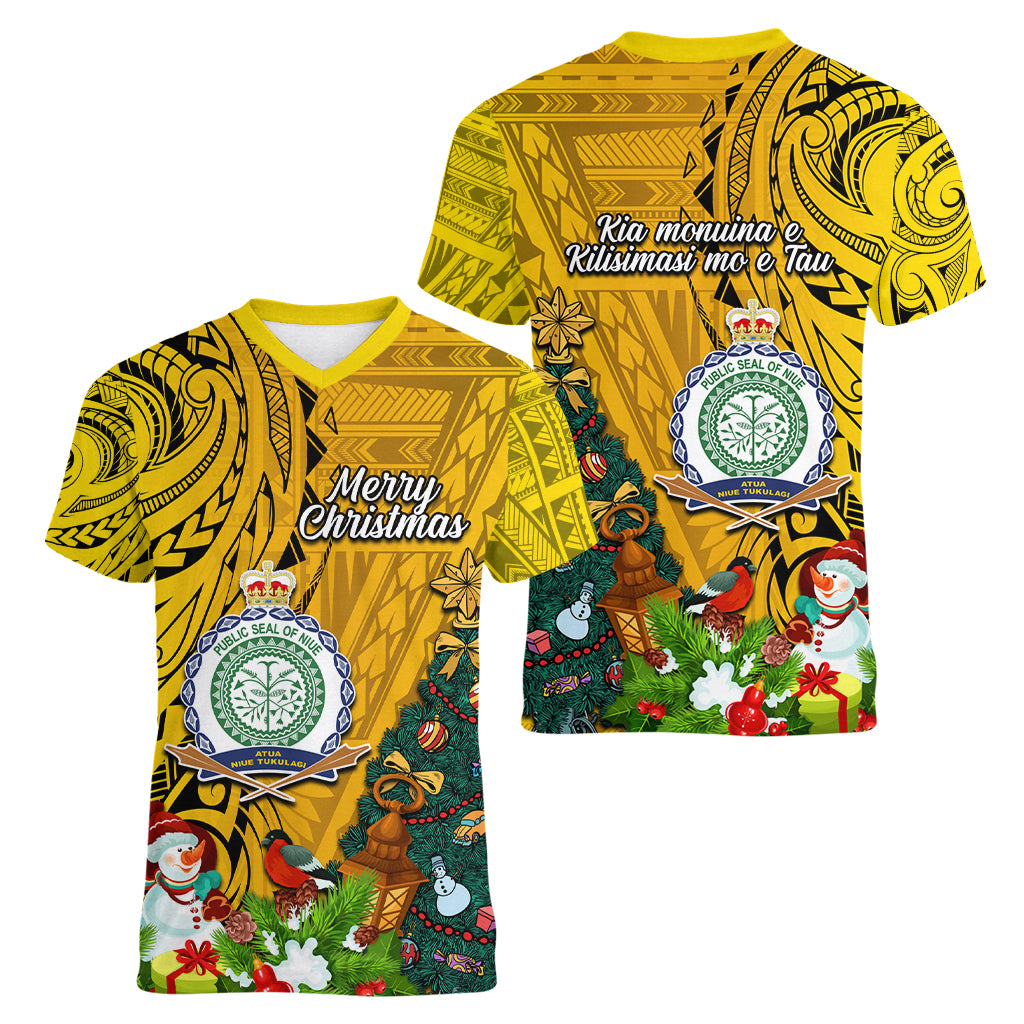 Niue Christmas Women V Neck T Shirt Coat of Arms and Polynesian Tattoo Xmas Element Christmas Yellow Vibe LT03 - Polynesian Pride
