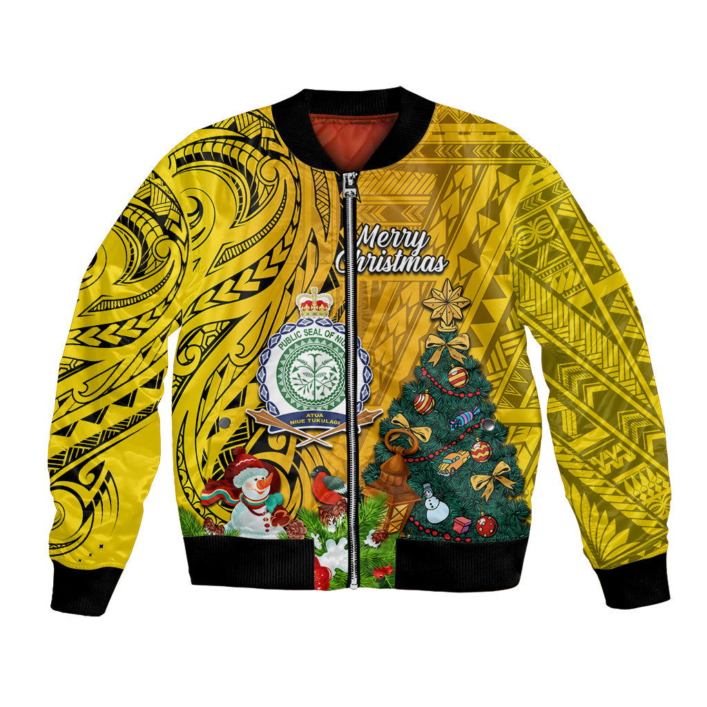 Personalised Niue Christmas Bomber Jacket Coat of Arms and Polynesian Tattoo Xmas Element Christmas Yellow Vibe LT03 Unisex Yellow - Polynesian Pride