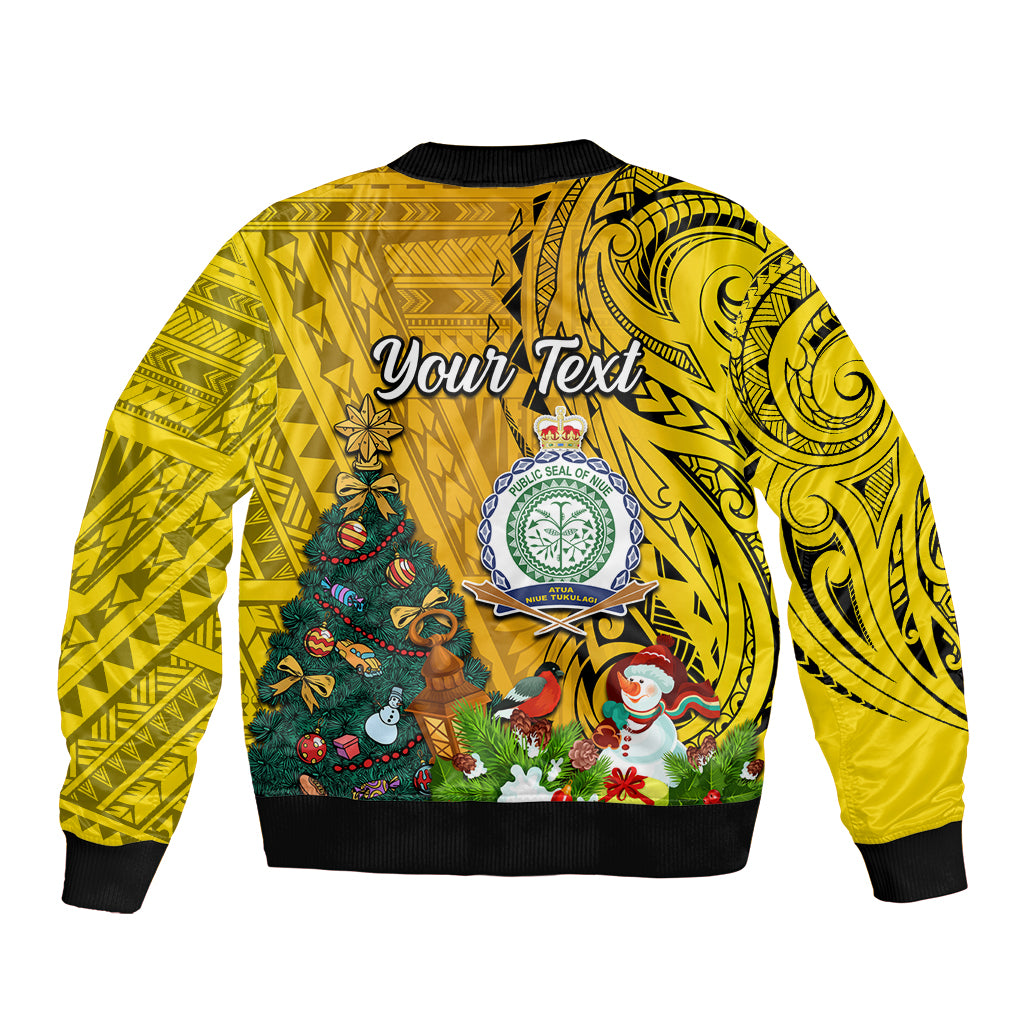 Personalised Niue Christmas Bomber Jacket Coat of Arms and Polynesian Tattoo Xmas Element Christmas Yellow Vibe LT03 - Polynesian Pride