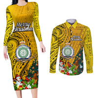 Personalised Niue Christmas Couples Matching Long Sleeve Bodycon Dress and Long Sleeve Button Shirt Coat of Arms and Polynesian Tattoo Xmas Element Christmas Yellow Vibe LT03 Yellow - Polynesian Pride
