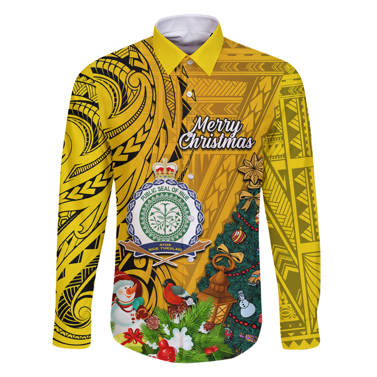 Personalised Niue Christmas Family Matching Long Sleeve Bodycon Dress and Hawaiian Shirt Coat of Arms and Polynesian Tattoo Xmas Element Christmas Yellow Vibe LT03 Dad's Shirt - Long Sleeve Yellow - Polynesian Pride