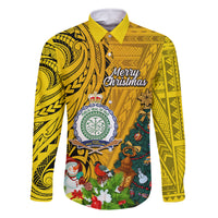 Personalised Niue Christmas Family Matching Tank Maxi Dress and Hawaiian Shirt Coat of Arms and Polynesian Tattoo Xmas Element Christmas Yellow Vibe LT03 Dad's Shirt - Long Sleeve Yellow - Polynesian Pride