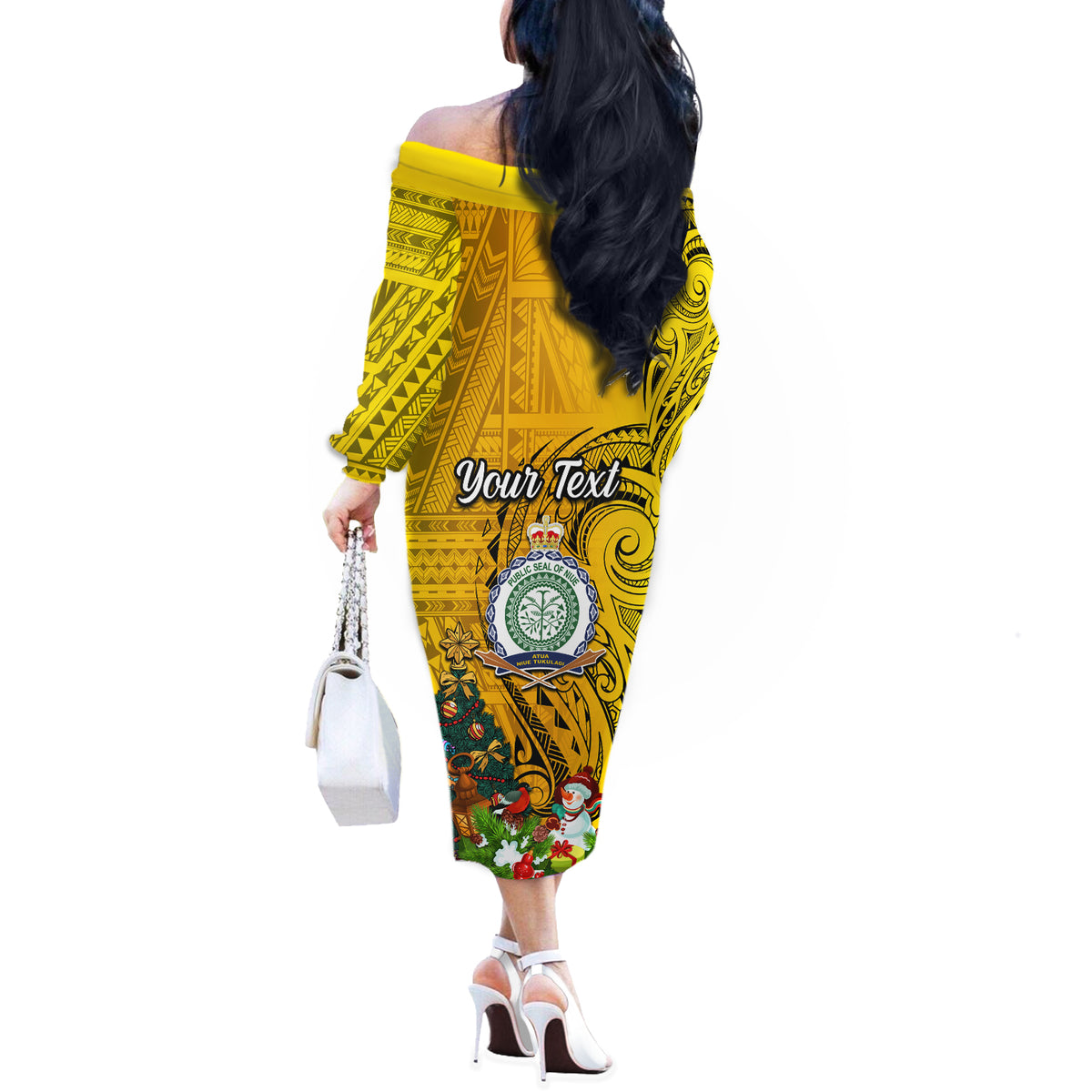 Personalised Niue Christmas Off The Shoulder Long Sleeve Dress Coat of Arms and Polynesian Tattoo Xmas Element Christmas Yellow Vibe LT03 - Polynesian Pride