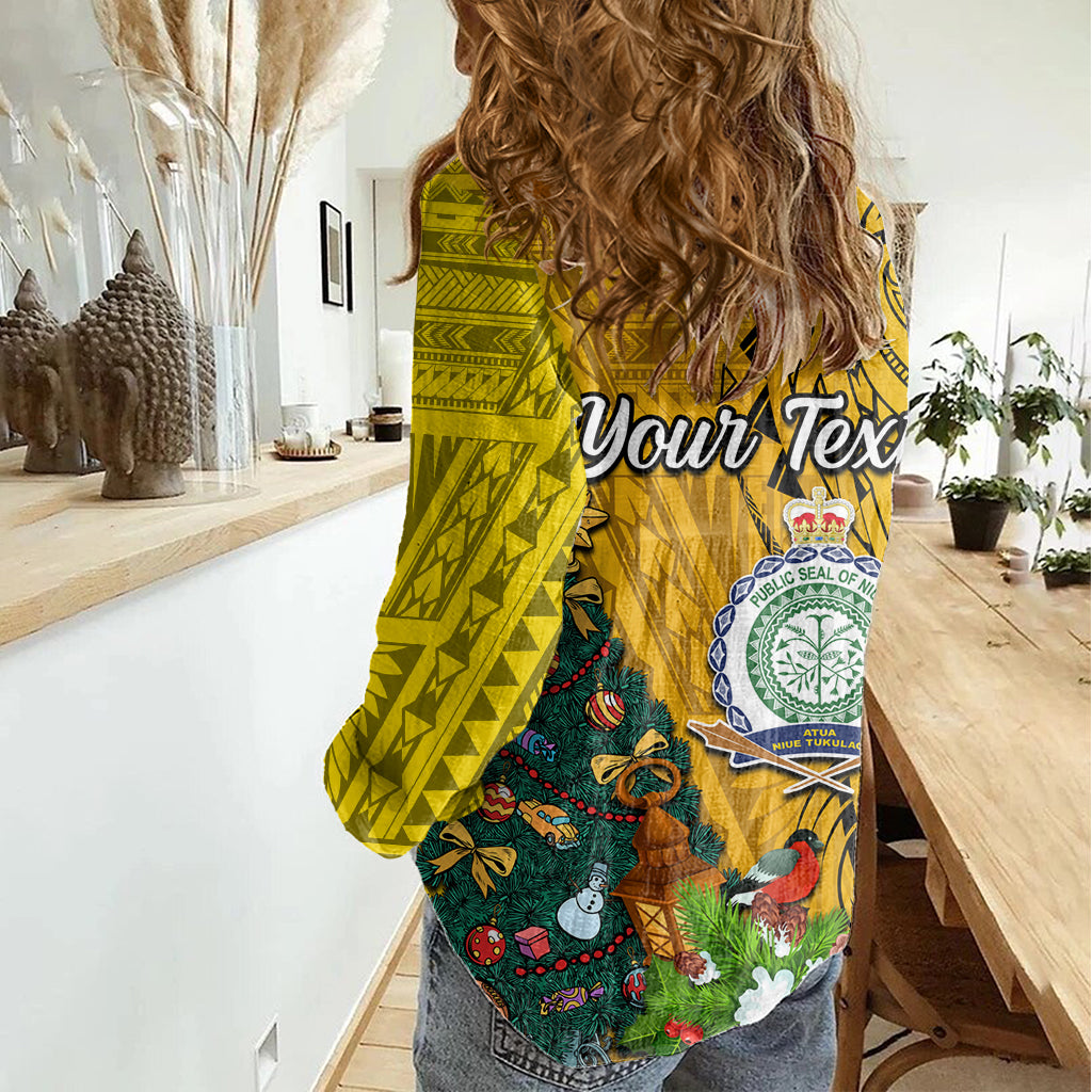 Personalised Niue Christmas Women Casual Shirt Coat of Arms and Polynesian Tattoo Xmas Element Christmas Yellow Vibe LT03 - Polynesian Pride