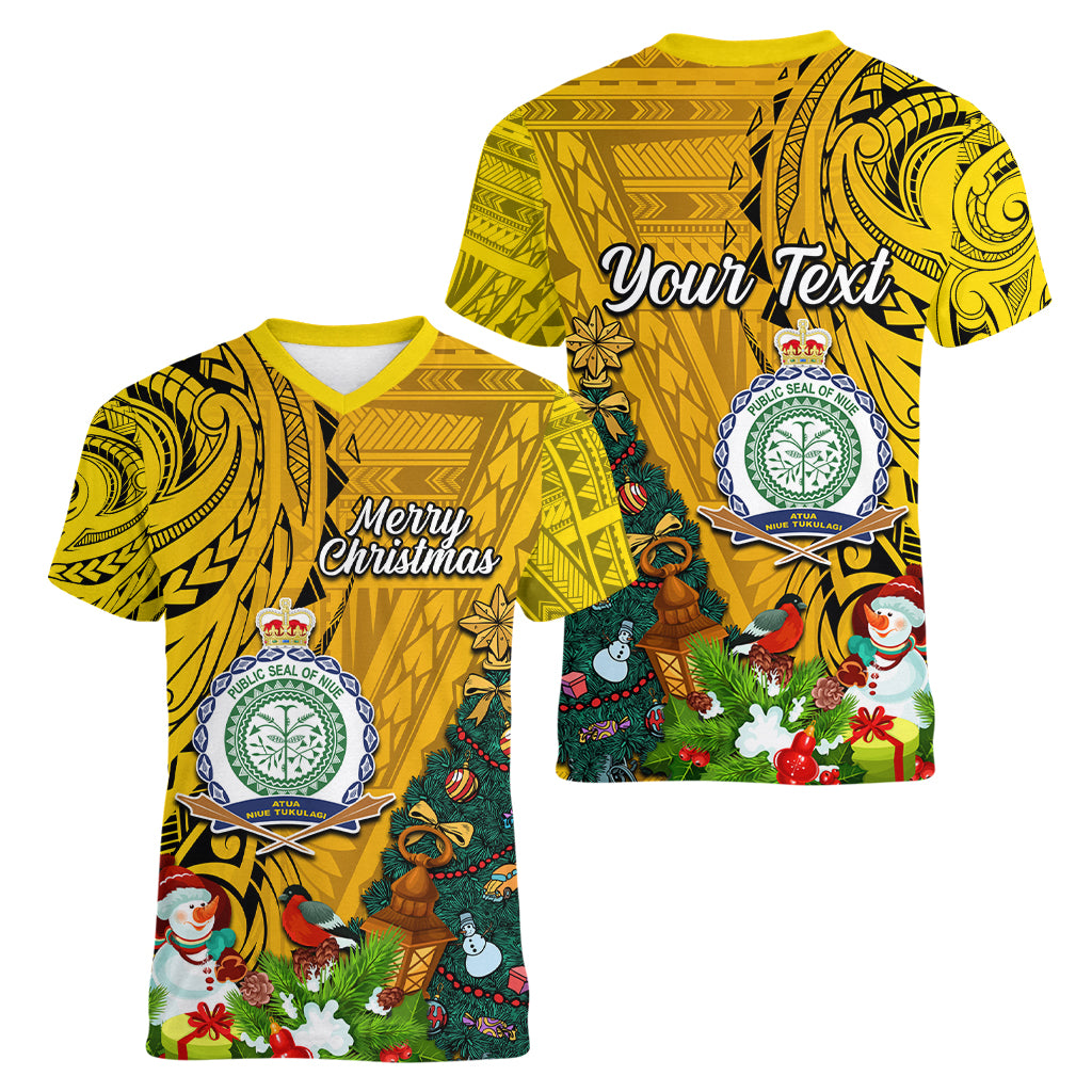 Personalised Niue Christmas Women V Neck T Shirt Coat of Arms and Polynesian Tattoo Xmas Element Christmas Yellow Vibe LT03 - Polynesian Pride