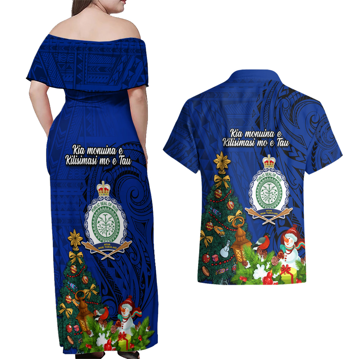 Niue Christmas Couples Matching Off Shoulder Maxi Dress and Hawaiian Shirt Coat of Arms and Polynesian Tattoo Xmas Element Christmas Blue Vibe LT03 - Polynesian Pride