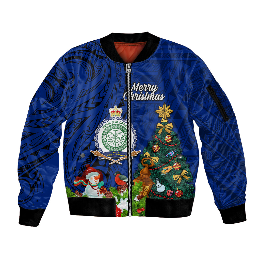 Niue Christmas Sleeve Zip Bomber Jacket Coat of Arms and Polynesian Tattoo Xmas Element Christmas Blue Vibe LT03 Unisex Blue - Polynesian Pride