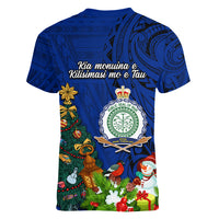 Niue Christmas Women V Neck T Shirt Coat of Arms and Polynesian Tattoo Xmas Element Christmas Blue Vibe LT03 - Polynesian Pride