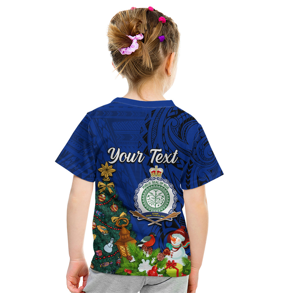Personalised Niue Christmas Kid T Shirt Coat of Arms and Polynesian Tattoo Xmas Element Christmas Blue Vibe LT03 - Polynesian Pride