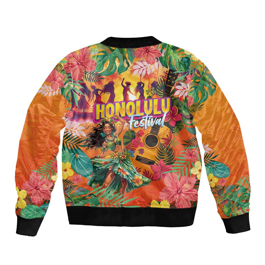 Hawaiian Honolulu Festival Bomber Jacket Hawaiian Identity - Hula Dancer and Ukulele Tropical Plants Style