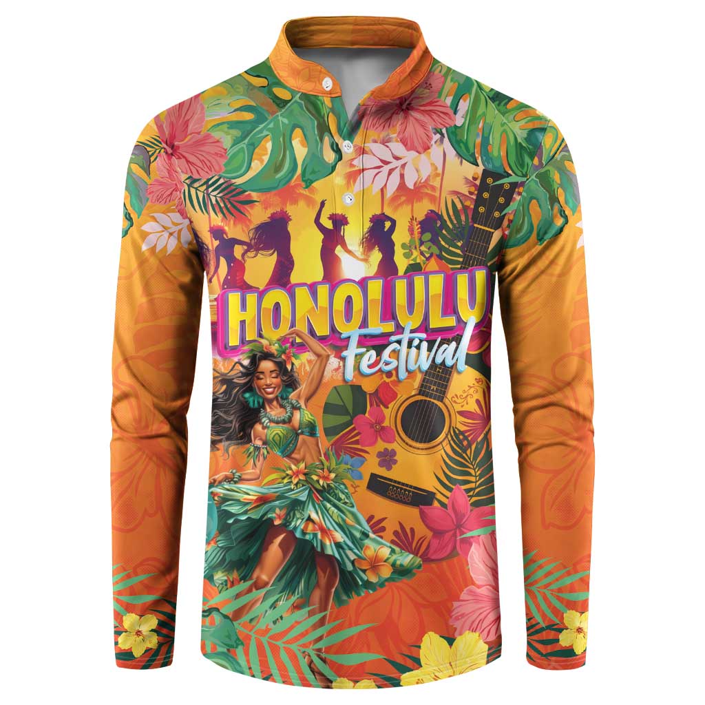 Hawaiian Honolulu Festival Button Sweatshirt Hawaiian Identity - Hula Dancer and Ukulele Tropical Plants Style