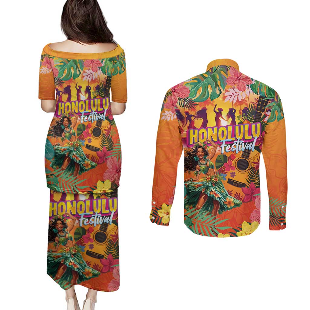 Hawaiian Honolulu Festival Couples Matching Puletasi and Long Sleeve Button Shirt Hawaiian Identity - Hula Dancer and Ukulele Tropical Plants Style