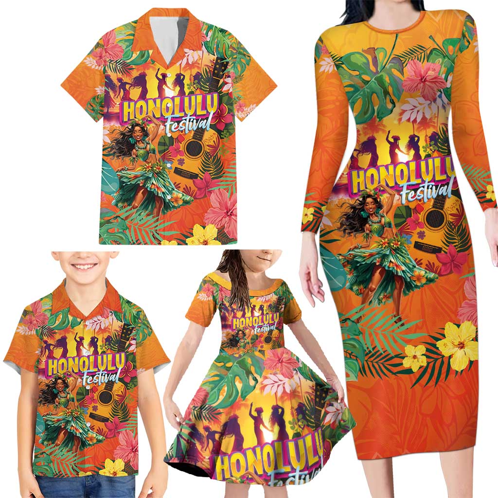 Hawaiian Honolulu Festival Family Matching Long Sleeve Bodycon Dress and Hawaiian Shirt Hawaiian Identity - Hula Dancer and Ukulele Tropical Plants Style