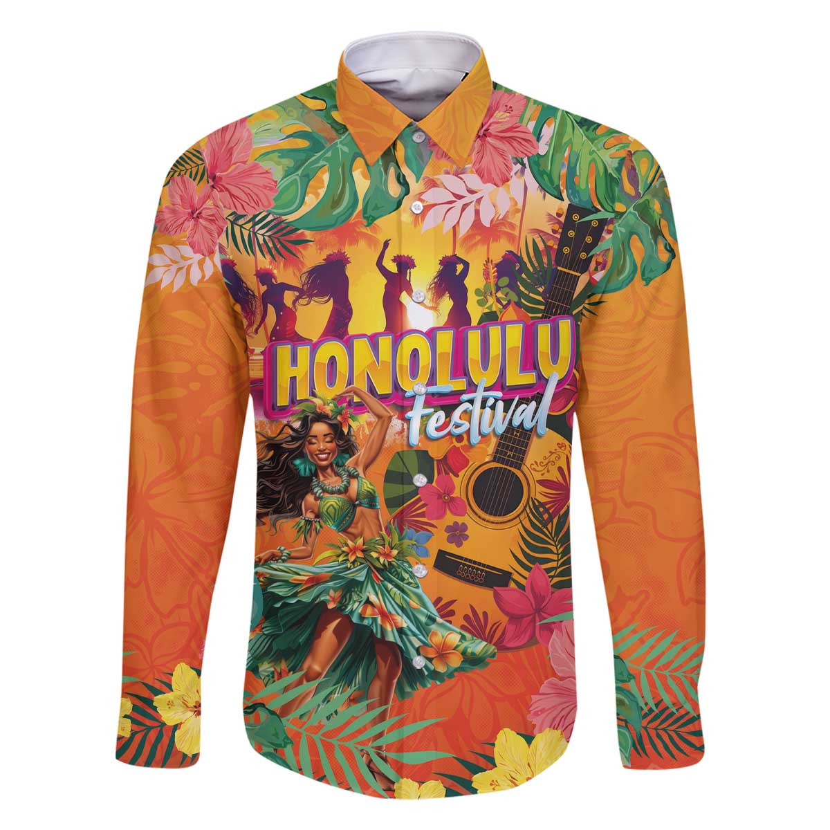 Hawaiian Honolulu Festival Family Matching Off The Shoulder Long Sleeve Dress and Hawaiian Shirt Hawaiian Identity - Hula Dancer and Ukulele Tropical Plants Style