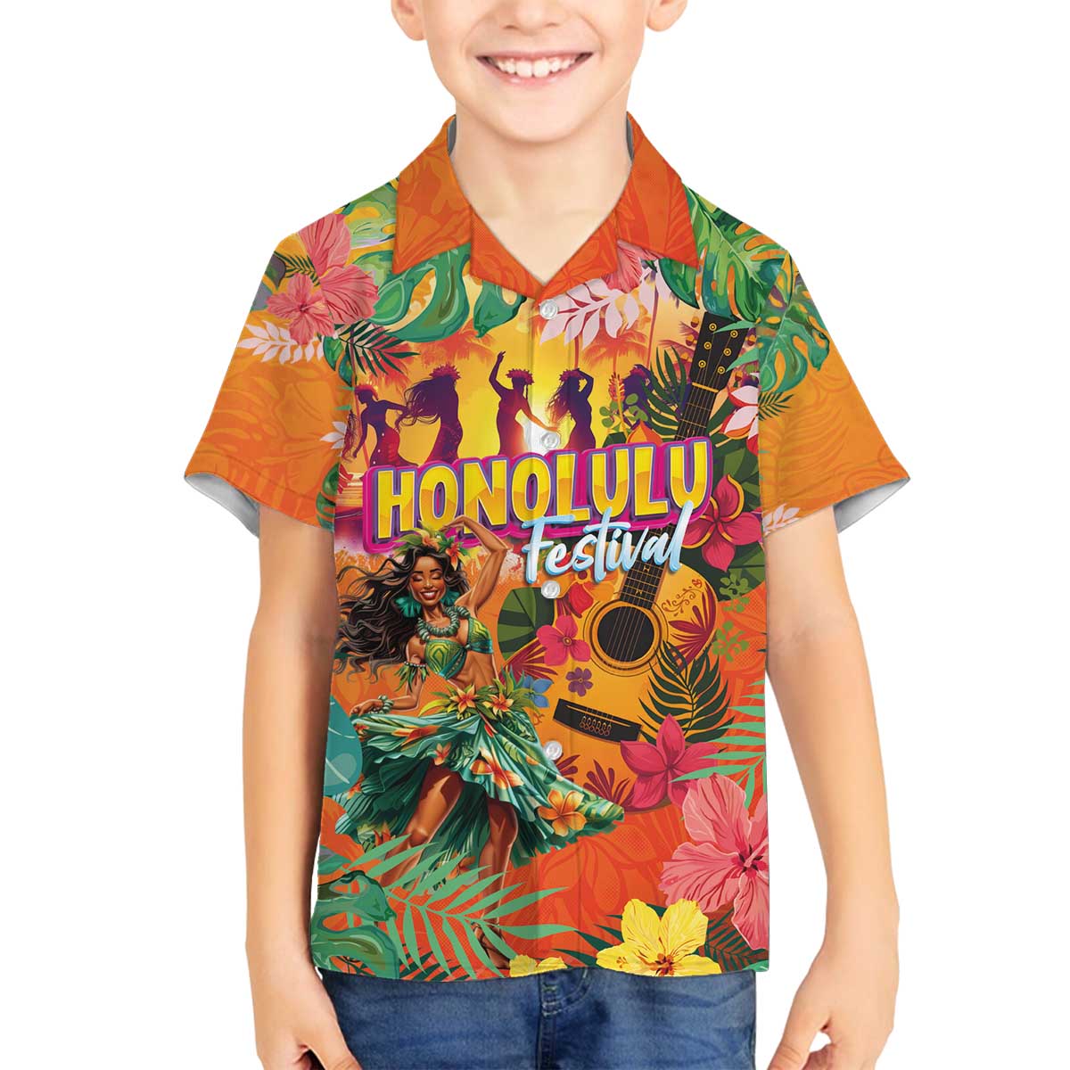 Hawaiian Honolulu Festival Family Matching Off The Shoulder Long Sleeve Dress and Hawaiian Shirt Hawaiian Identity - Hula Dancer and Ukulele Tropical Plants Style
