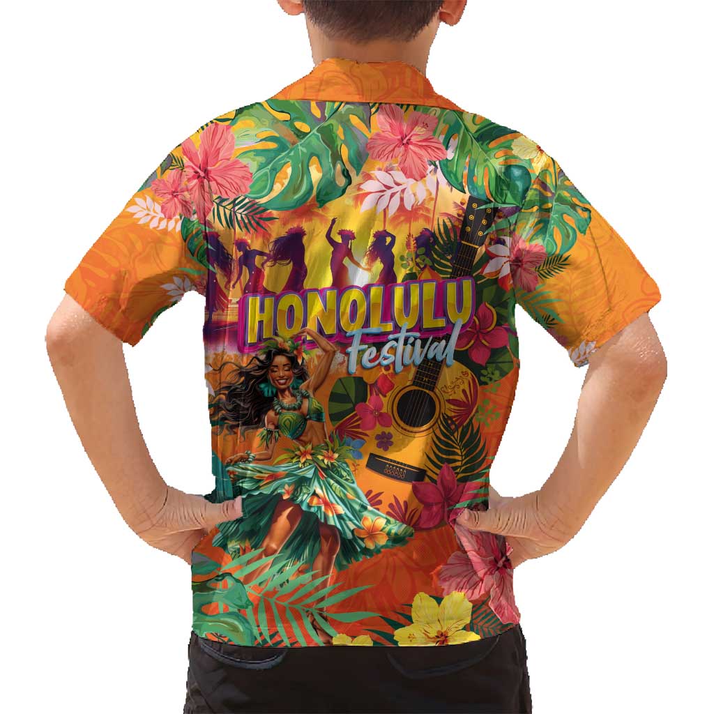 Hawaiian Honolulu Festival Family Matching Off Shoulder Maxi Dress and Hawaiian Shirt Hawaiian Identity - Hula Dancer and Ukulele Tropical Plants Style