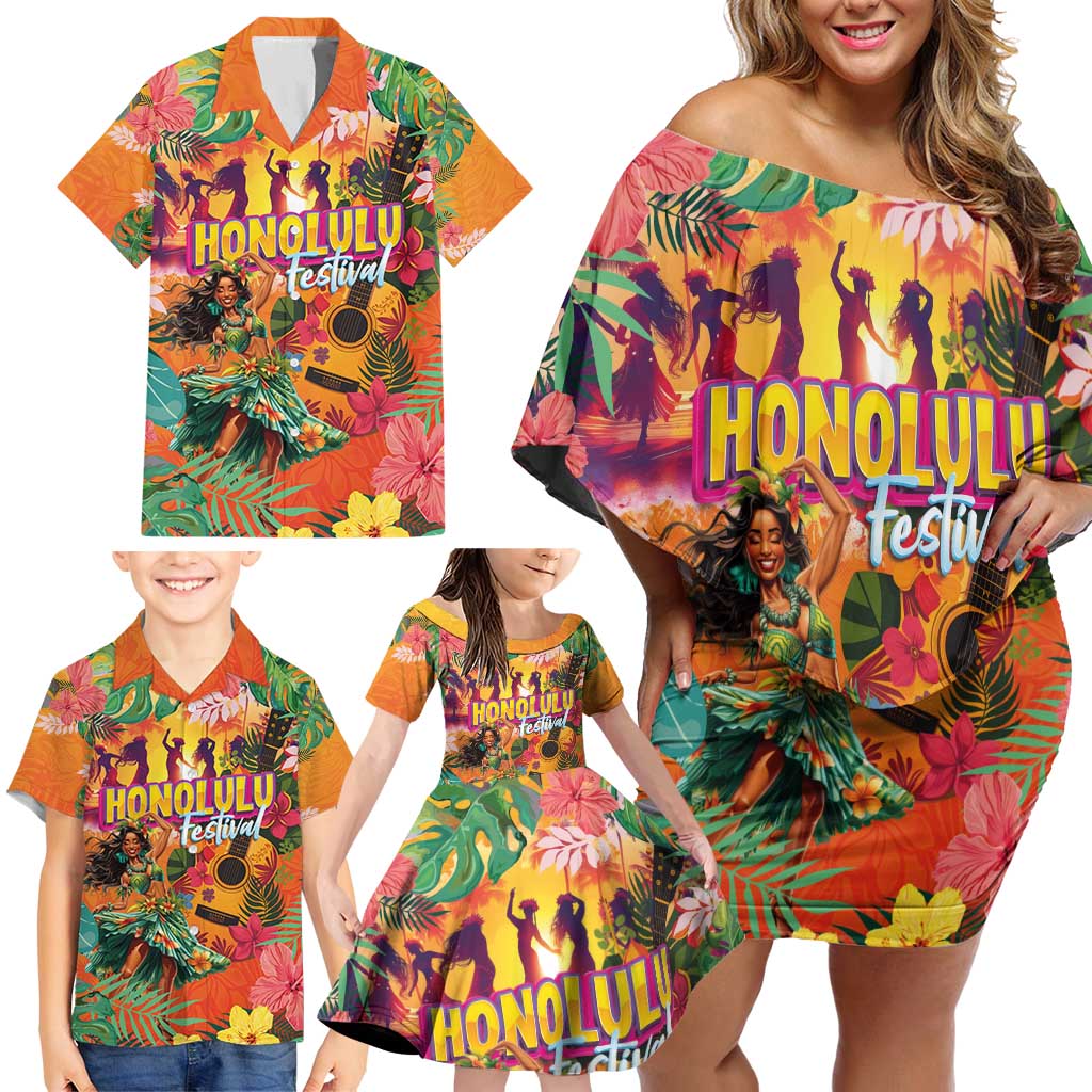 Hawaiian Honolulu Festival Family Matching Off Shoulder Short Dress and Hawaiian Shirt Hawaiian Identity - Hula Dancer and Ukulele Tropical Plants Style