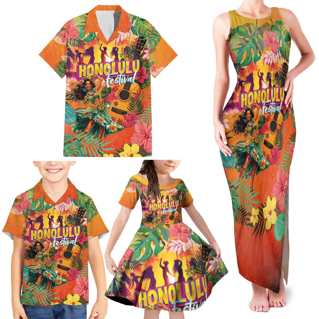 Hawaiian Honolulu Festival Family Matching Tank Maxi Dress and Hawaiian Shirt Hawaiian Identity - Hula Dancer and Ukulele Tropical Plants Style