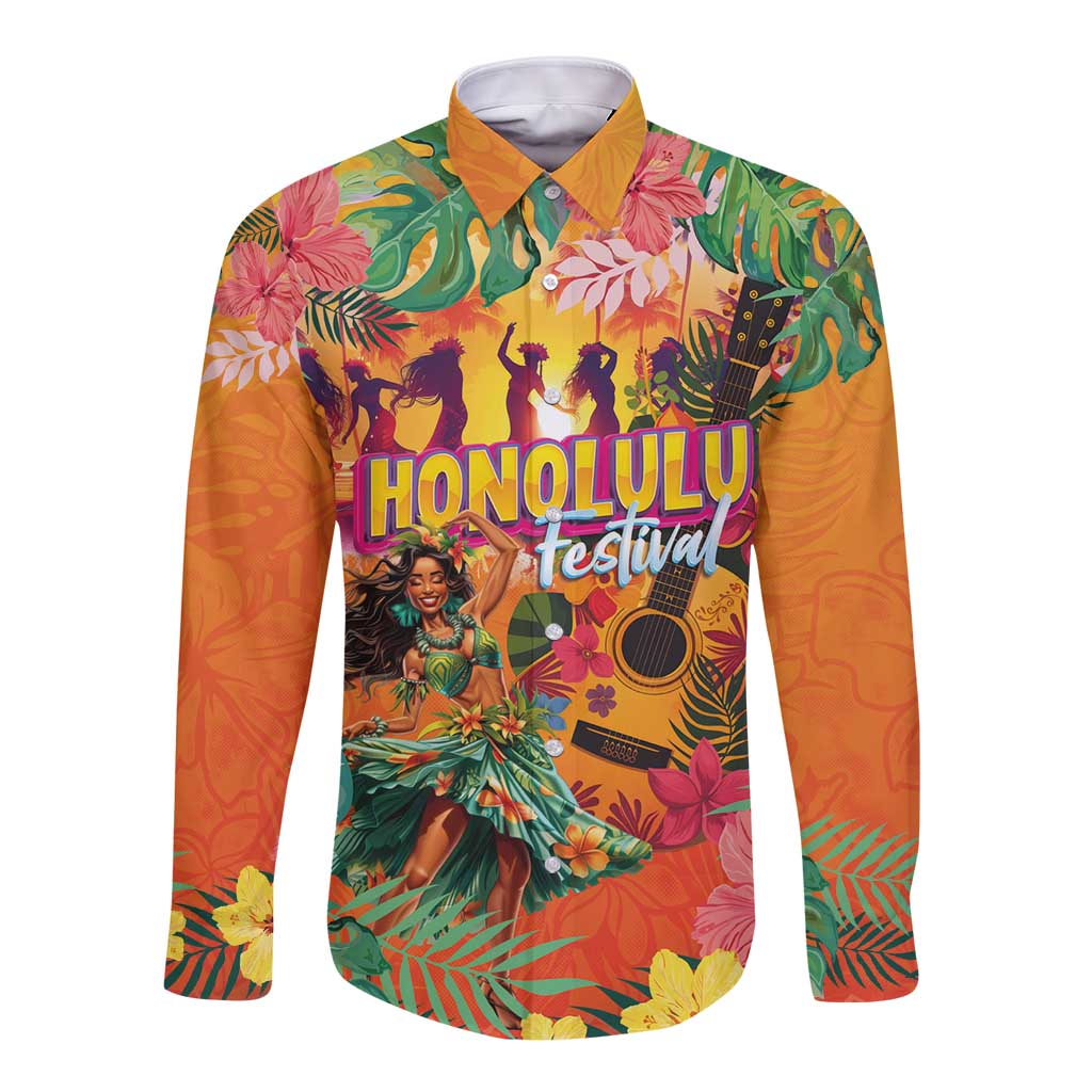 Hawaiian Honolulu Festival Long Sleeve Button Shirt Hawaiian Identity - Hula Dancer and Ukulele Tropical Plants Style