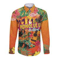 Hawaiian Honolulu Festival Long Sleeve Button Shirt Hawaiian Identity - Hula Dancer and Ukulele Tropical Plants Style