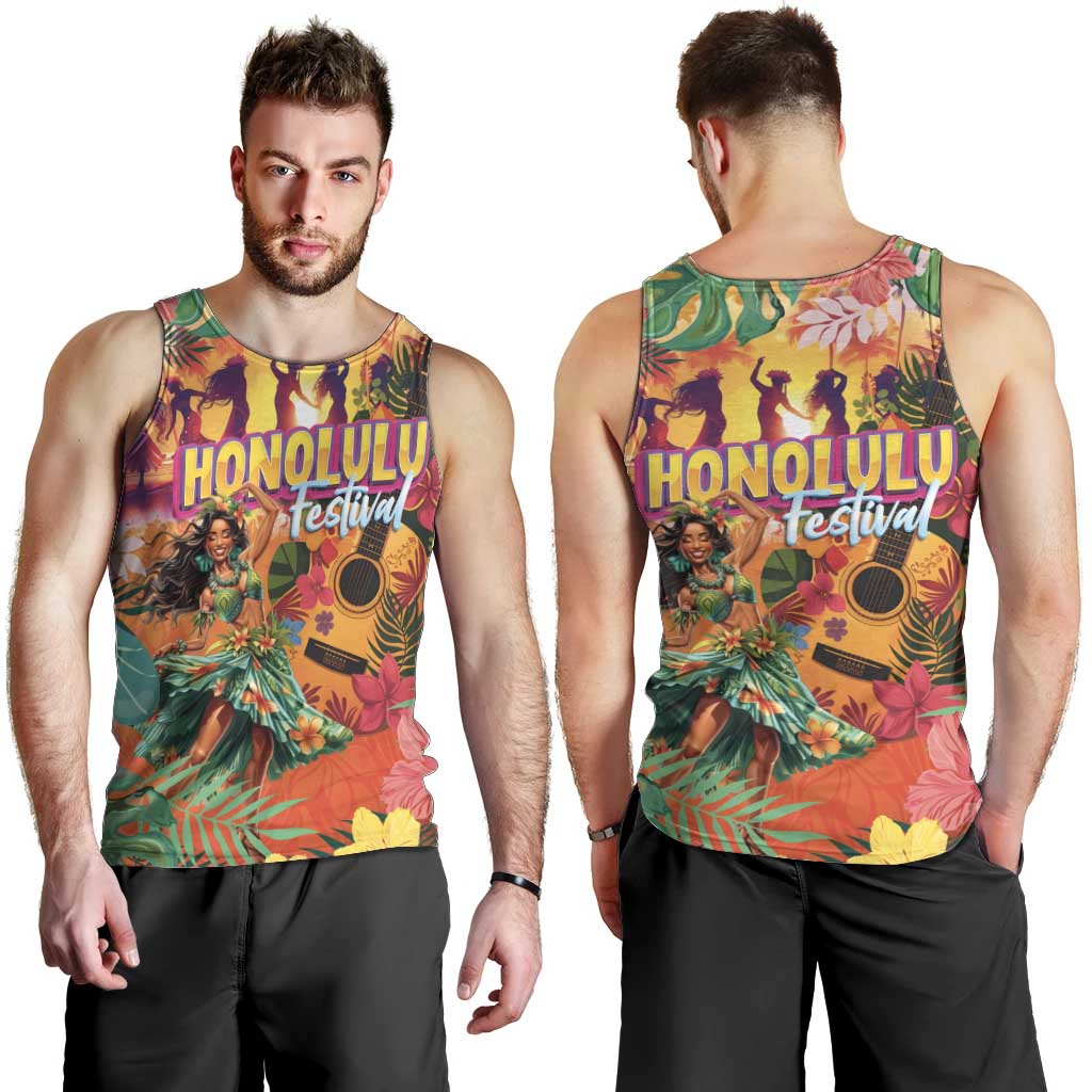 Hawaiian Honolulu Festival Men Tank Top Hawaiian Identity - Hula Dancer and Ukulele Tropical Plants Style