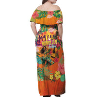 Hawaiian Honolulu Festival Off Shoulder Maxi Dress Hawaiian Identity - Hula Dancer and Ukulele Tropical Plants Style