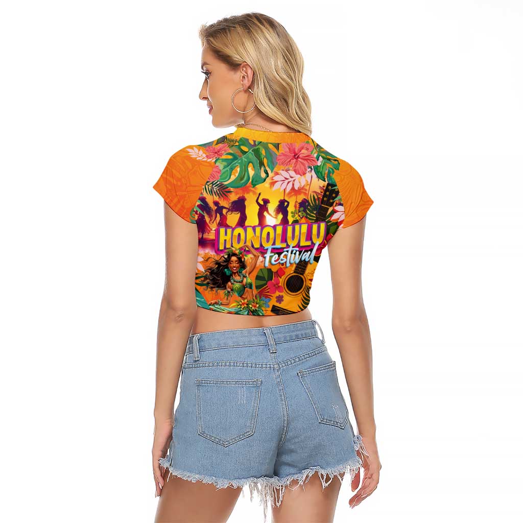 Hawaiian Honolulu Festival Raglan Cropped T Shirt Hawaiian Identity - Hula Dancer and Ukulele Tropical Plants Style