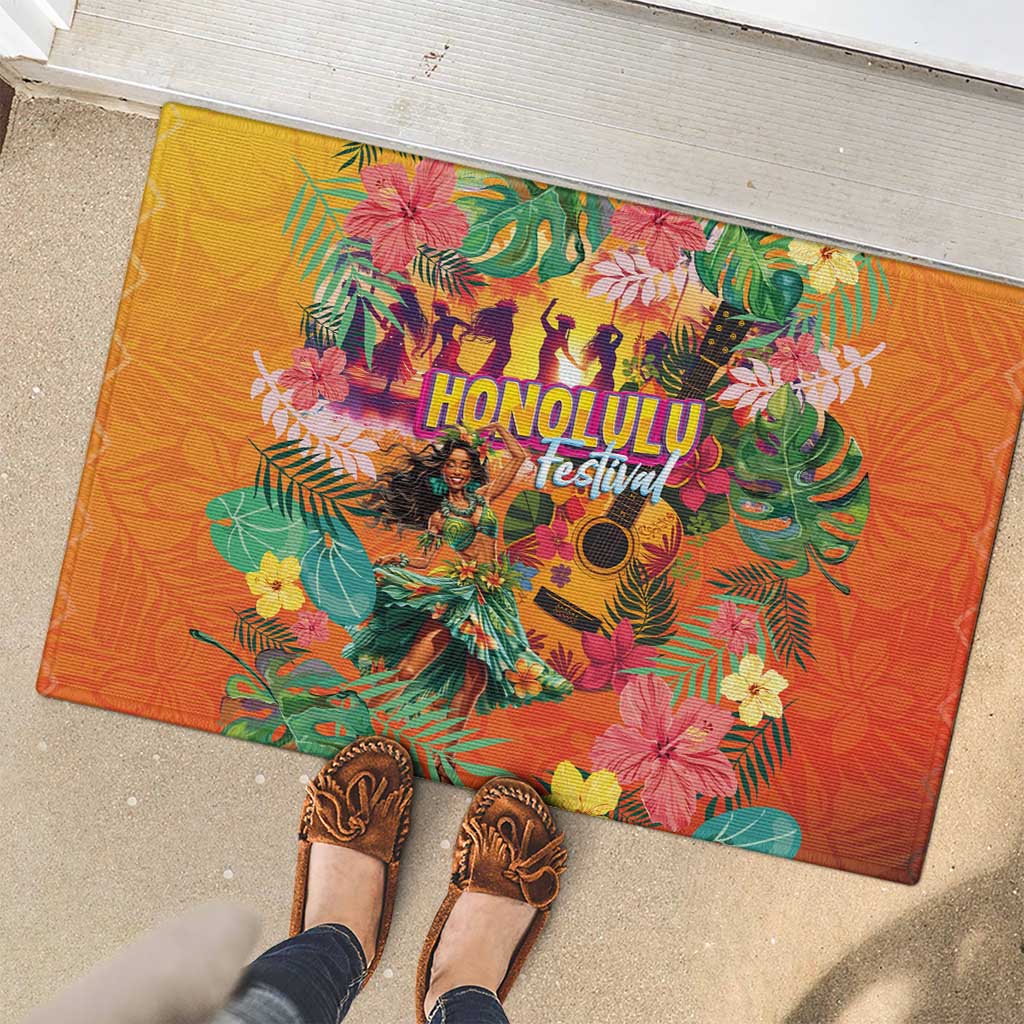 Hawaiian Honolulu Festival Rubber Doormat Hawaiian Identity - Hula Dancer and Ukulele Tropical Plants Style