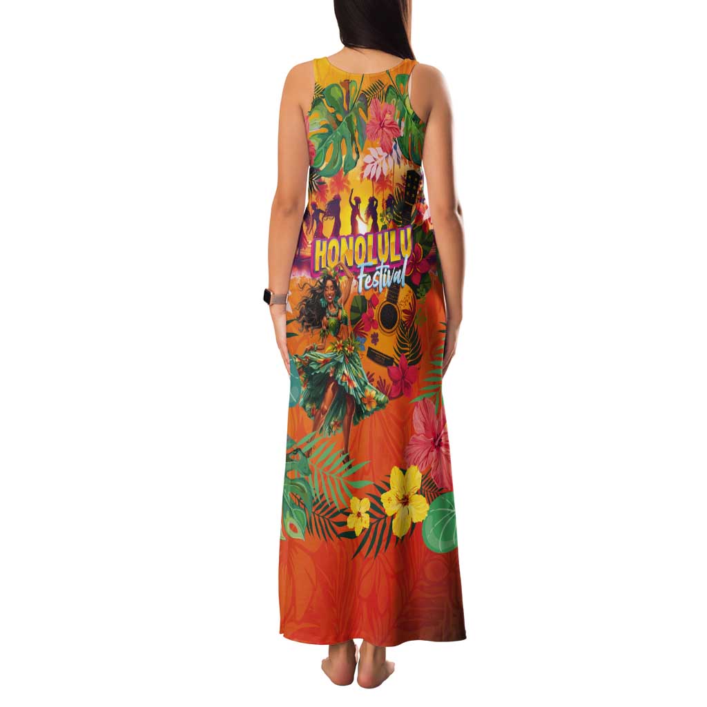 Hawaiian Honolulu Festival Tank Maxi Dress Hawaiian Identity - Hula Dancer and Ukulele Tropical Plants Style