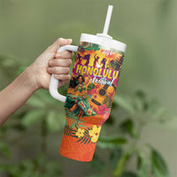 Hawaiian Honolulu Festival Tumbler With Handle Hawaiian Identity - Hula Dancer and Ukulele Tropical Plants Style
