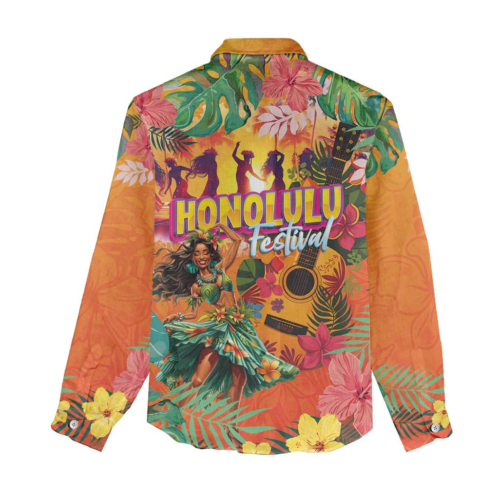 Hawaiian Honolulu Festival Women Casual Shirt Hawaiian Identity - Hula Dancer and Ukulele Tropical Plants Style