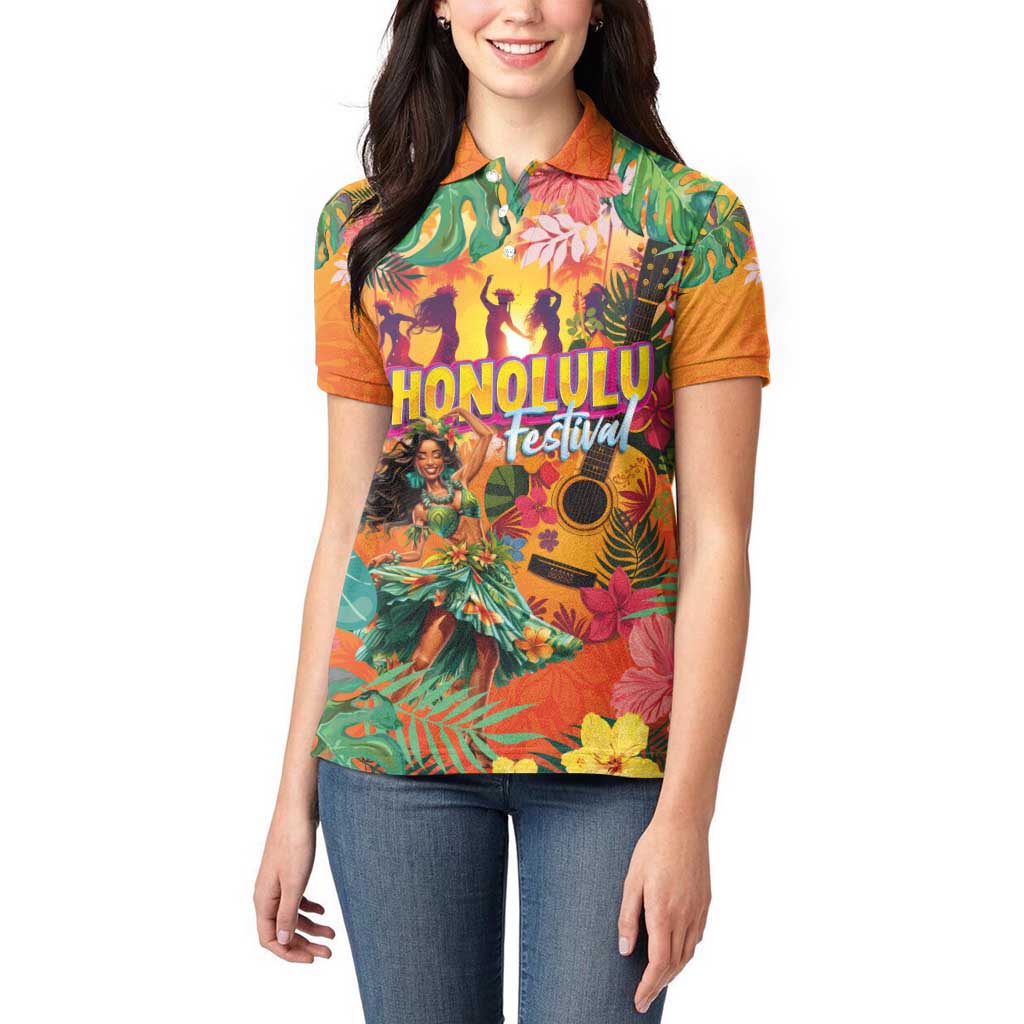 Hawaiian Honolulu Festival Women Polo Shirt Hawaiian Identity - Hula Dancer and Ukulele Tropical Plants Style