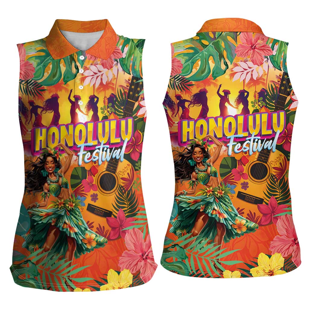 Hawaiian Honolulu Festival Women Sleeveless Polo Shirt Hawaiian Identity - Hula Dancer and Ukulele Tropical Plants Style
