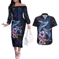 Hawaiian Whales Love Couple Couples Matching Off The Shoulder Long Sleeve Dress and Hawaiian Shirt Hibiscus and Kakau Art Tattoo Night Sky Vibe