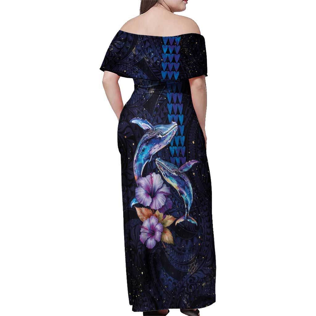 Hawaiian Whales Love Couple Family Matching Off Shoulder Maxi Dress and Hawaiian Shirt Hibiscus and Kakau Art Tattoo Night Sky Vibe
